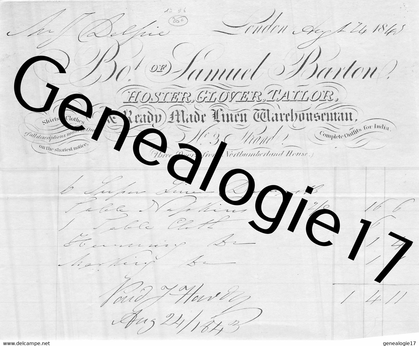 96 2772 ANGLETERRE ENGLAND LONDON LONDRES 1845 Ot SAMUEL BARTON HOSTER GLOVER TAILOR - Regno Unito