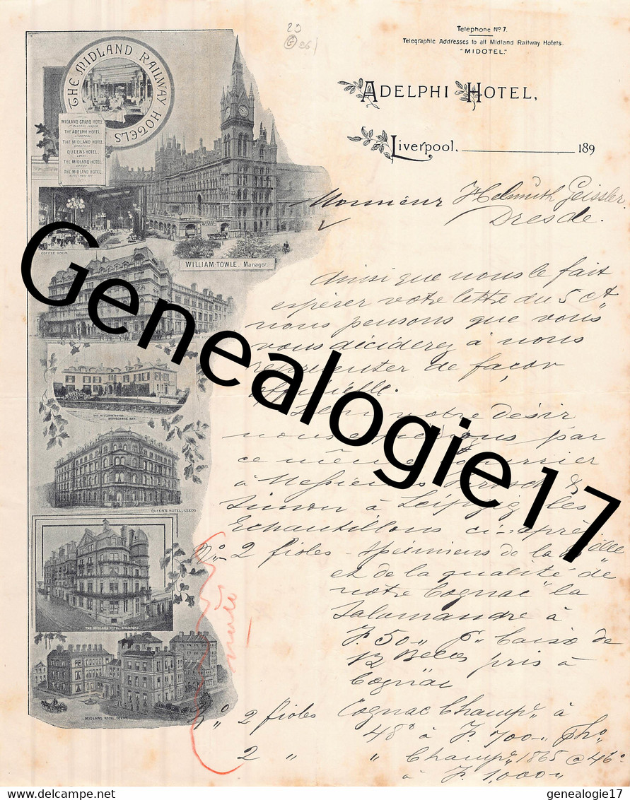 96 2782 ANGLETERRE ENGLAND LIVERPOOL 1890 ADELPHI HOTEL The Midland Railway Hotels WILLIAM TOWLE Manager - Ver. Königreich