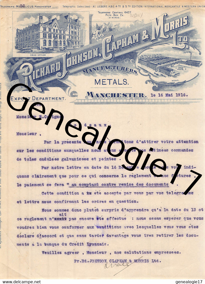 96 2785 ANGLETERRE ENGLAND MANCHESTER 1916 Manufacturers Metals RICHARD JOHNSON CLAPHAM MORRIS - Ver. Königreich