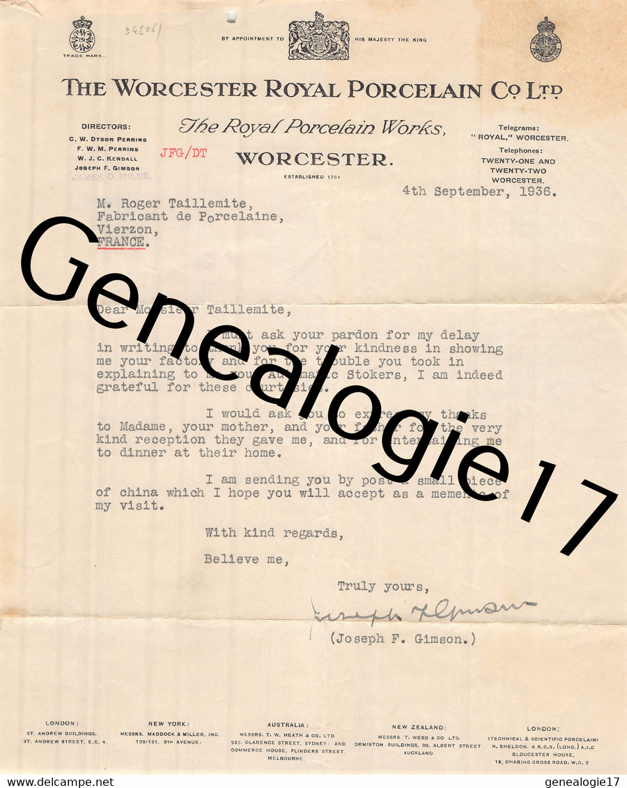 96 2787 ANGLETERRE ENGLAND WORCESTER 1936 THE WORCESTER ROYALE PORCELAIN ( Porcelaine Royal ) Joseph GIMSON - Royaume-Uni