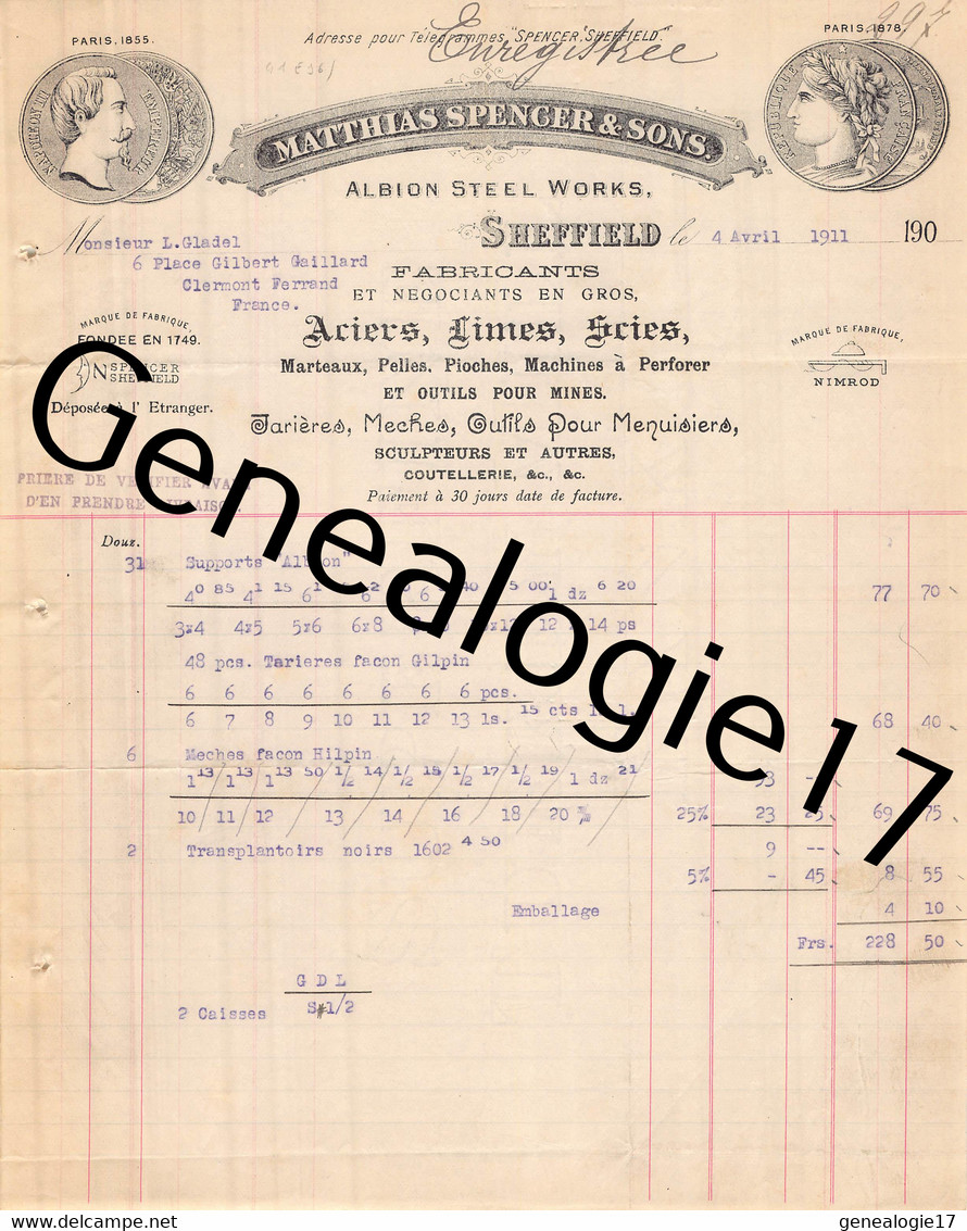 96 2794 ANGLETERRE ENGLAND SHIEFFIELD 1911 Aciers Limes MATHIAS SPENGER Albion Steel Works - Regno Unito