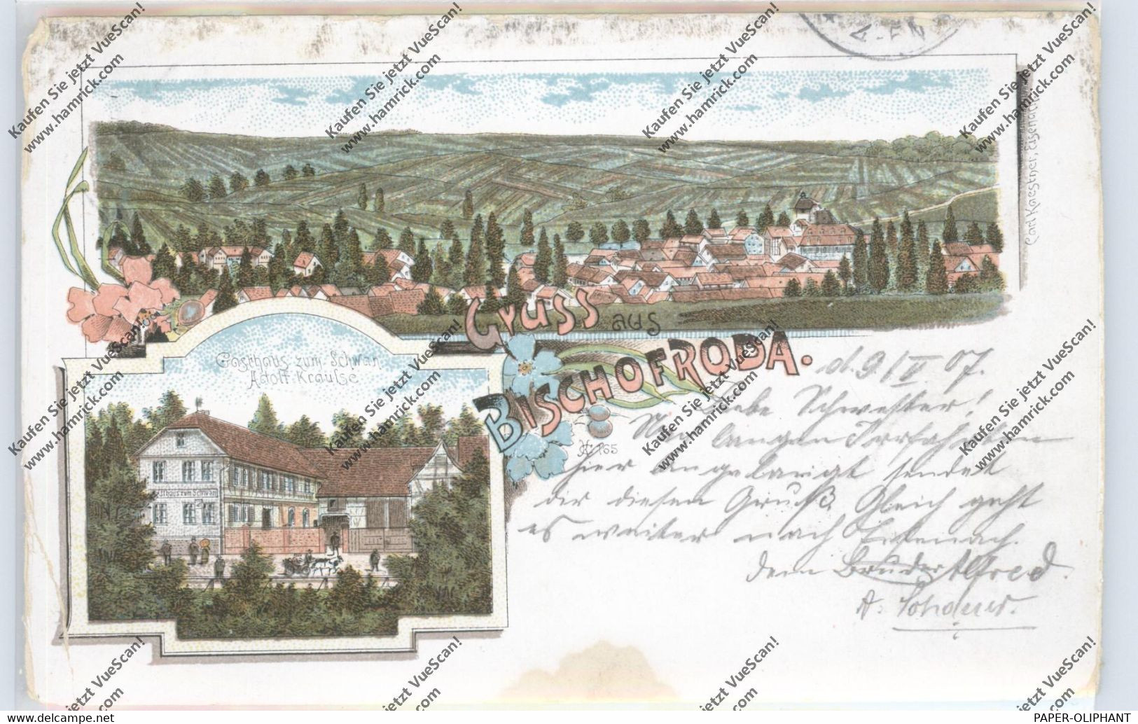 0-5901 BISCHOFRODA, Lithographie, Gasthof Zum Schwan, Ortsansicht, Eckknick - Bad Salzungen