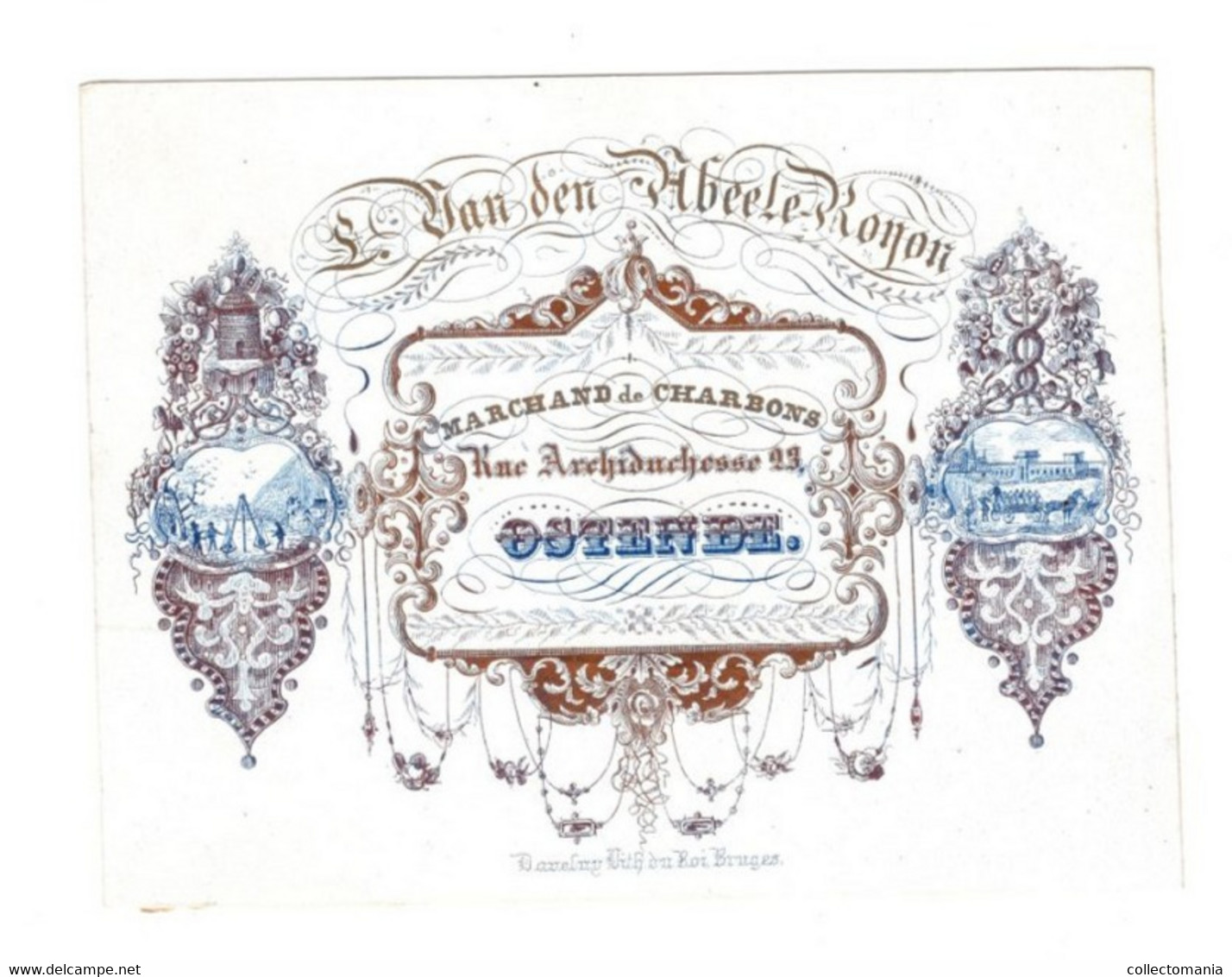 1 Carte Visite L.Van Den Abeele-Royon Marchand De Charbons Rue Archiduchesse 23 Ostende  Lith. Daveluy  14x11 Cm - Porcelaine