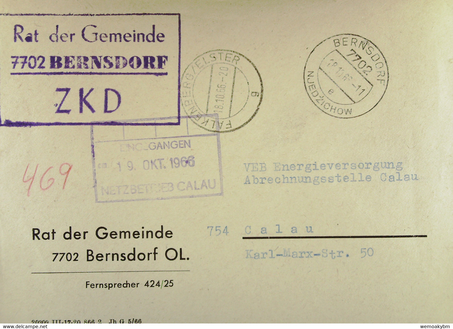 Fern-Brief Mit ZKD-Kastenst "Rat Der Gemeinde 7702 BERNSDORF" 8.10.66 An VEB Energieversorgung Calau Mit Viol. Eing-St - Cartas & Documentos