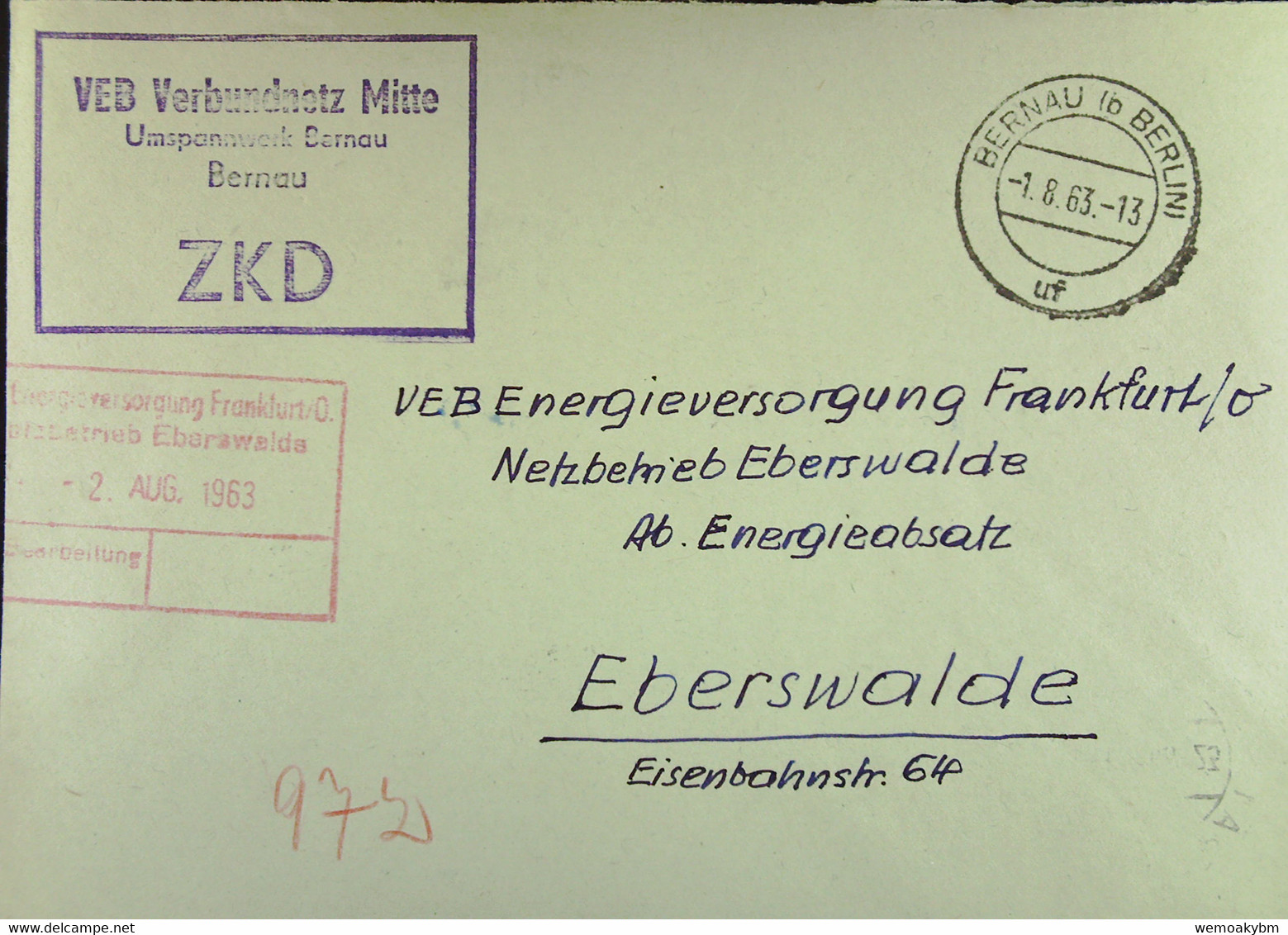 Fern-Brief Mit ZKD-Kastenst "VEB Verbundnetz Mitte Umspannwerk Bernau" 1.8.63 An VEB EV Eberswalde Mit Rotem Eing-St - Cartas & Documentos