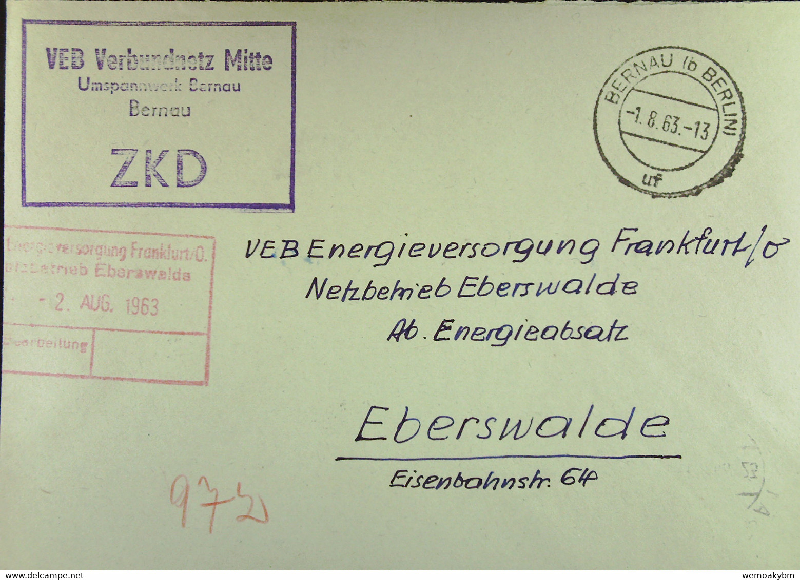 Fern-Brief Mit ZKD-Kastenst "VEB Verbundnetz Mitte Umspannwerk Bernau" 1.8.63 An VEB EV Eberswalde Mit Rotem Eing-St - Covers & Documents