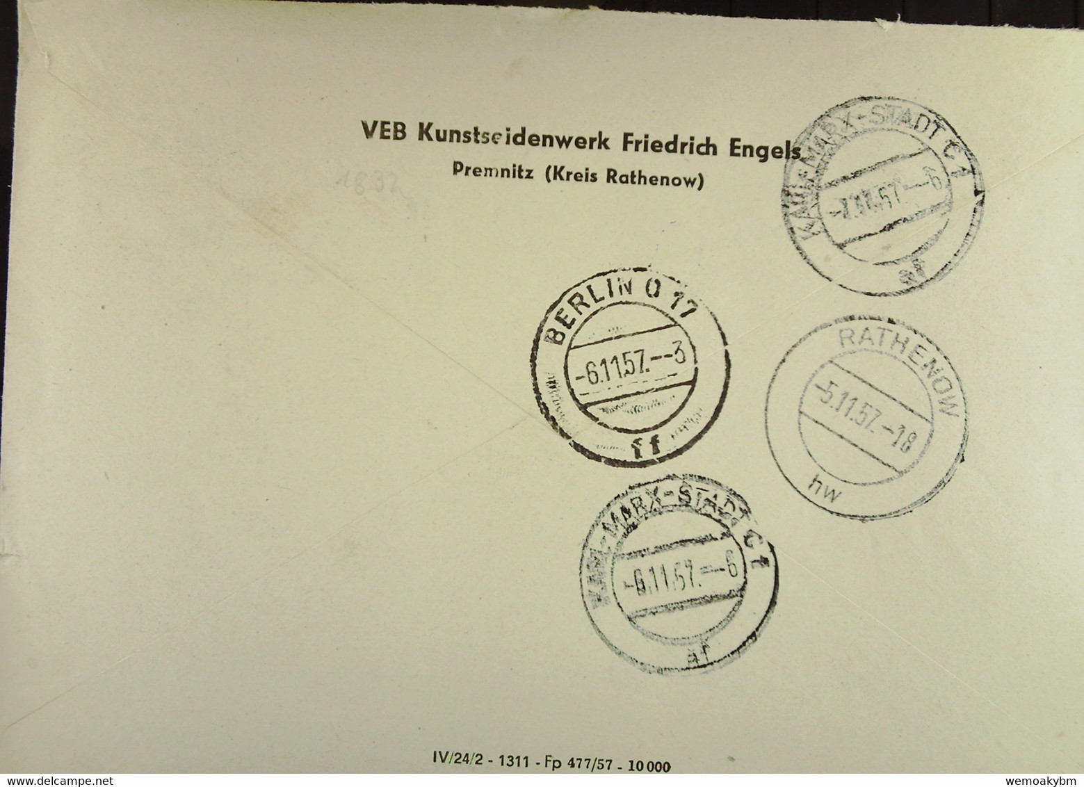 DDR-Dienst: Fern-Brief Mit 20 Pf ZKD-Streifen Aus Premnitz (Havel) V. 5.11.57 An Ministerium F Leichtind. Knr: 15 (4012) - Briefe U. Dokumente