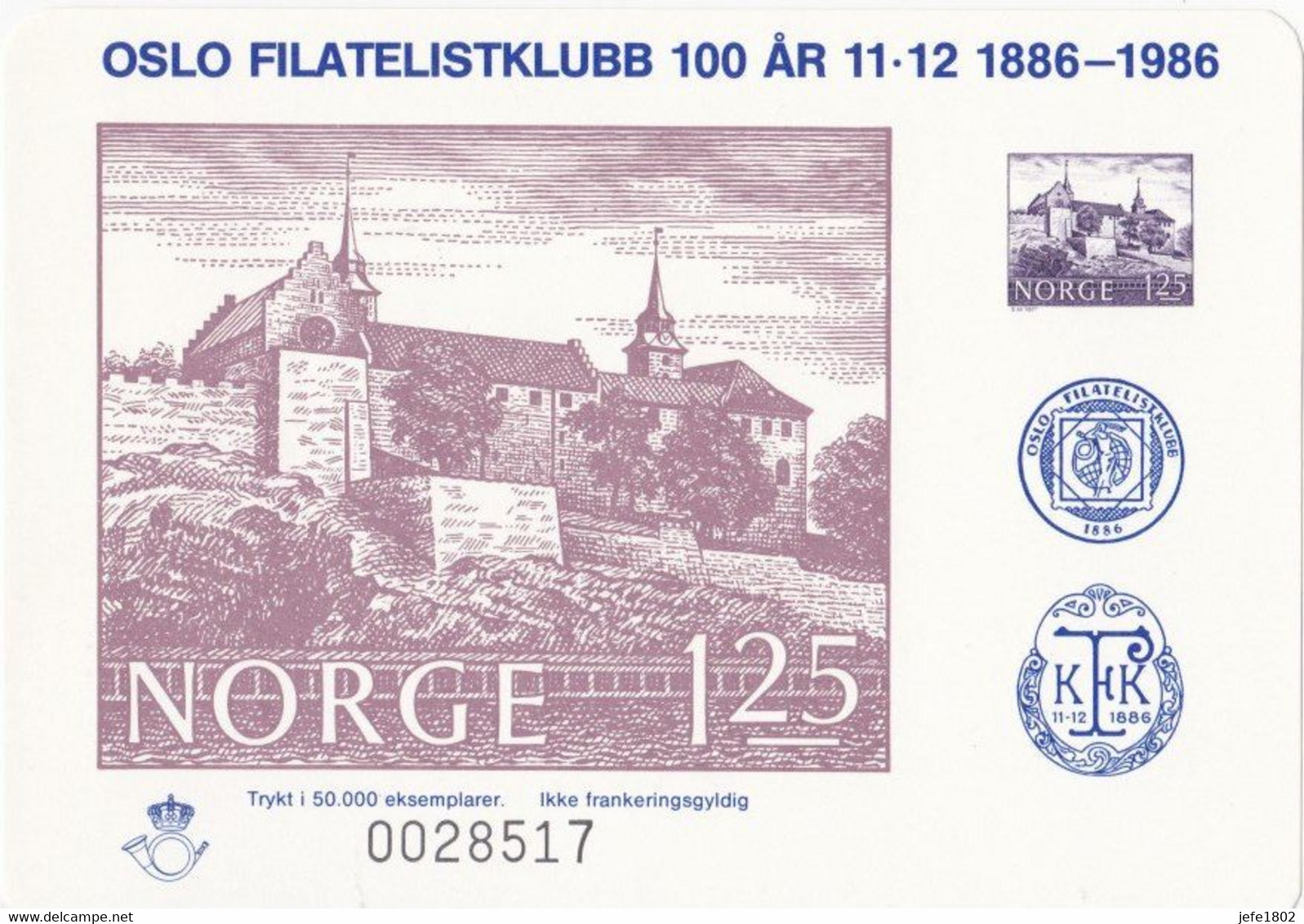 Oslo Filatelistklubb 100 Ar 11-12-1886 - 1986 - Essais & Réimpressions