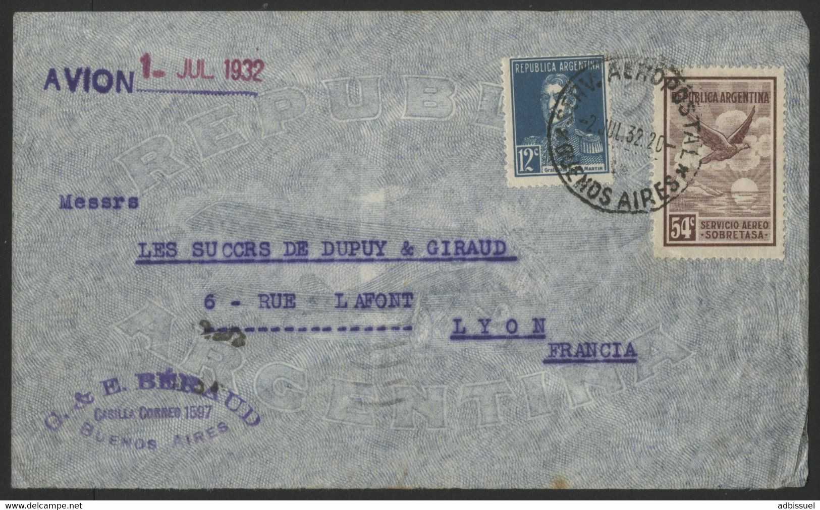 ARGENTINE Enveloppe Par Avion En 1932 Pour La France Via L'Aéropostale (voir Description) - Covers & Documents