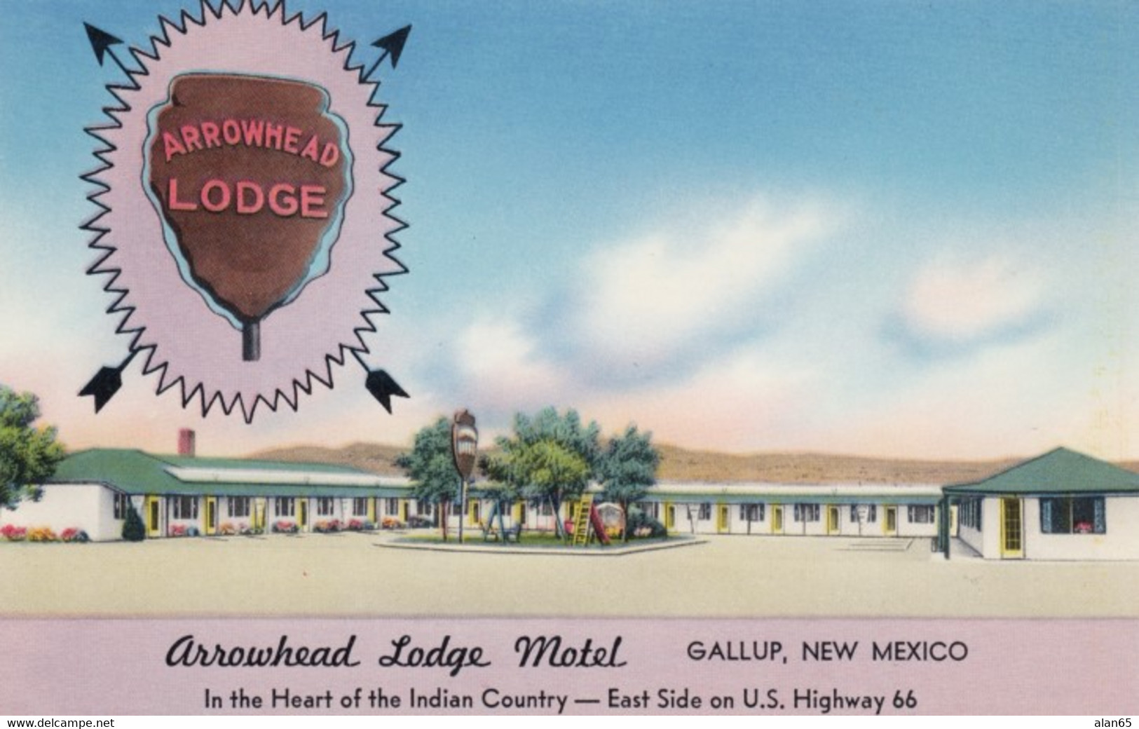 US Route 66, Gallup New Mexico, Arrowhead Lodge Motel 'Heart Of Indian Country' C1950s Vintage Postcard - Route ''66'