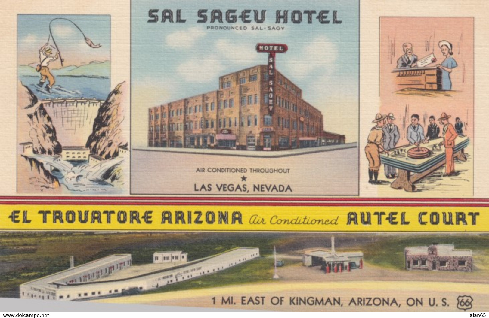 US Route 66, Kingman Arizona, El TrouatoreMotel Gas Station, And Las Vegas Hotel C1930s Vintage Postcard - Ruta ''66' (Route)