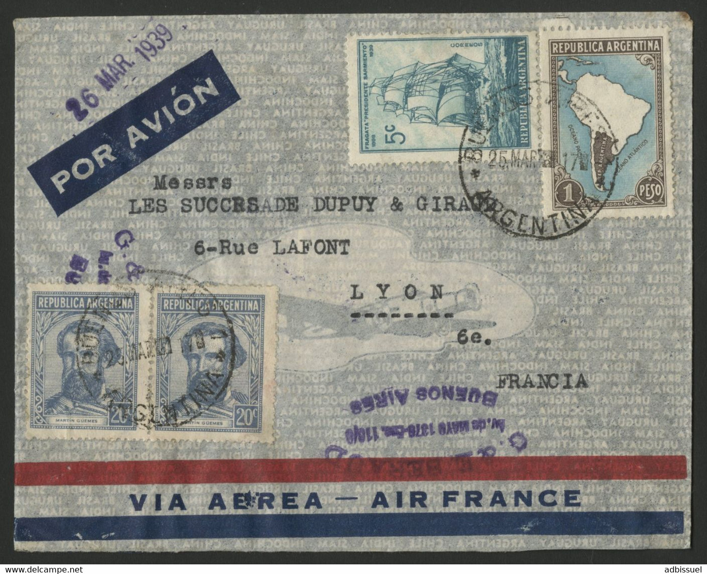 ARGENTINE Enveloppe Par Avion En 1939 Pour Lyon Via AIR FRANCE (voir Description) - Brieven En Documenten