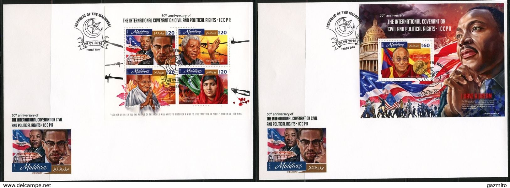 Maldives 2016, Civil Right, MLK, Dalai Lama, 4val In BF +BF In 2FDC - Maldives (1965-...)