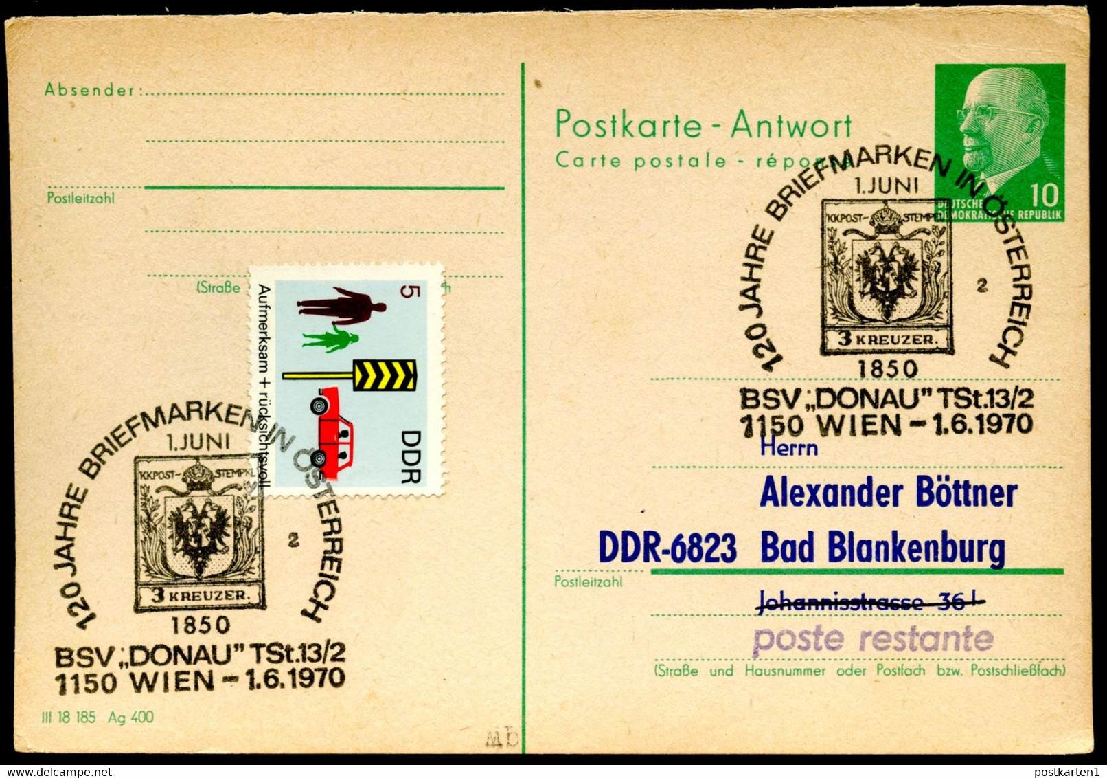 DDR P77A Antwort-Postkarte PRIVATER ZUDRUCK #4 Sost. 120 J. BRIEFMARKEN ÖSTERREICH Wien 1970 - Privé Postkaarten - Gebruikt