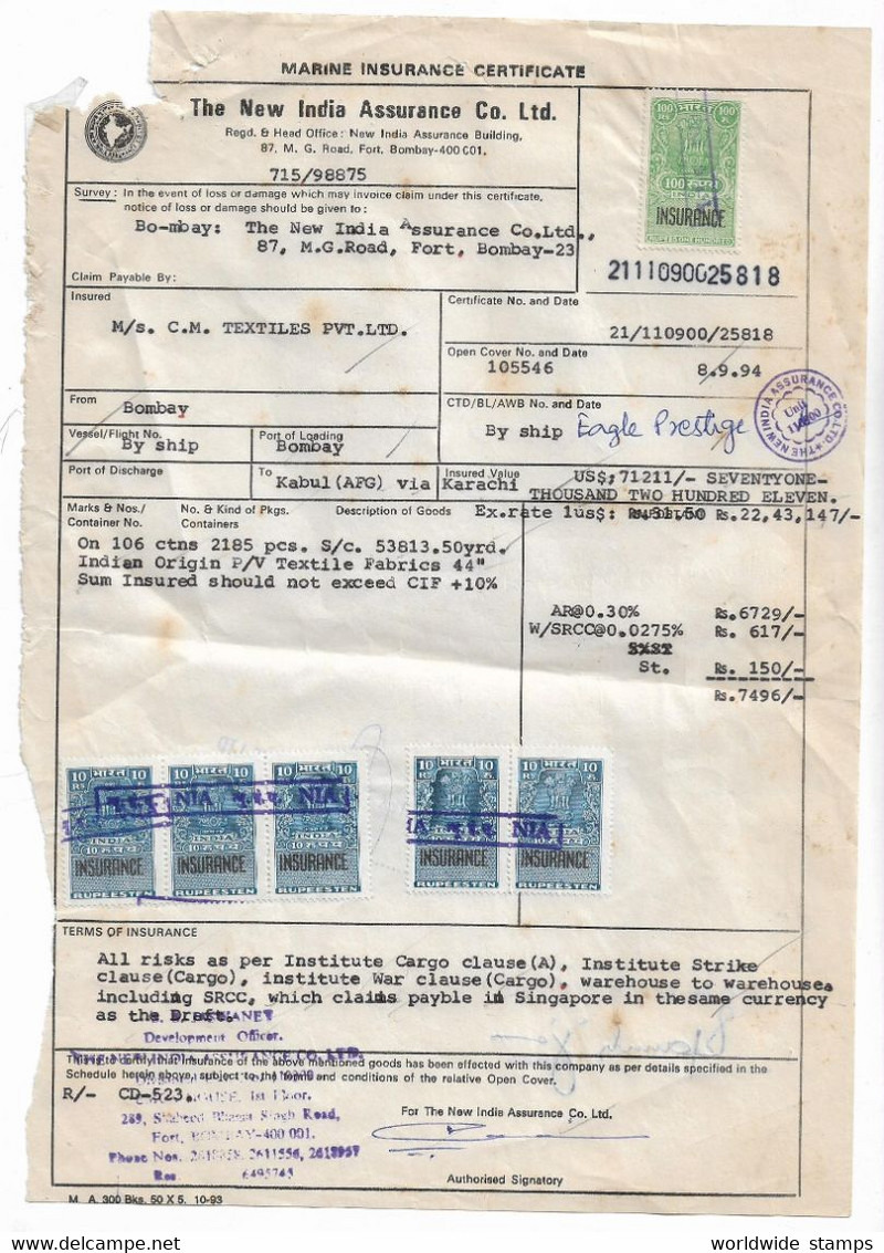 India Marine Insurance Certificate From Bombay To Kabul 10 Rupees Stamps - Documents Historiques