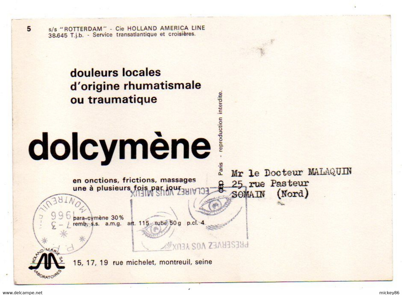 Bateau-Paquebot--Pays-Bas--ROTTERDAM --carte Publicitaire"Dolcymène"...cachet  PP  MONTREUIL - 93 - Paquebots
