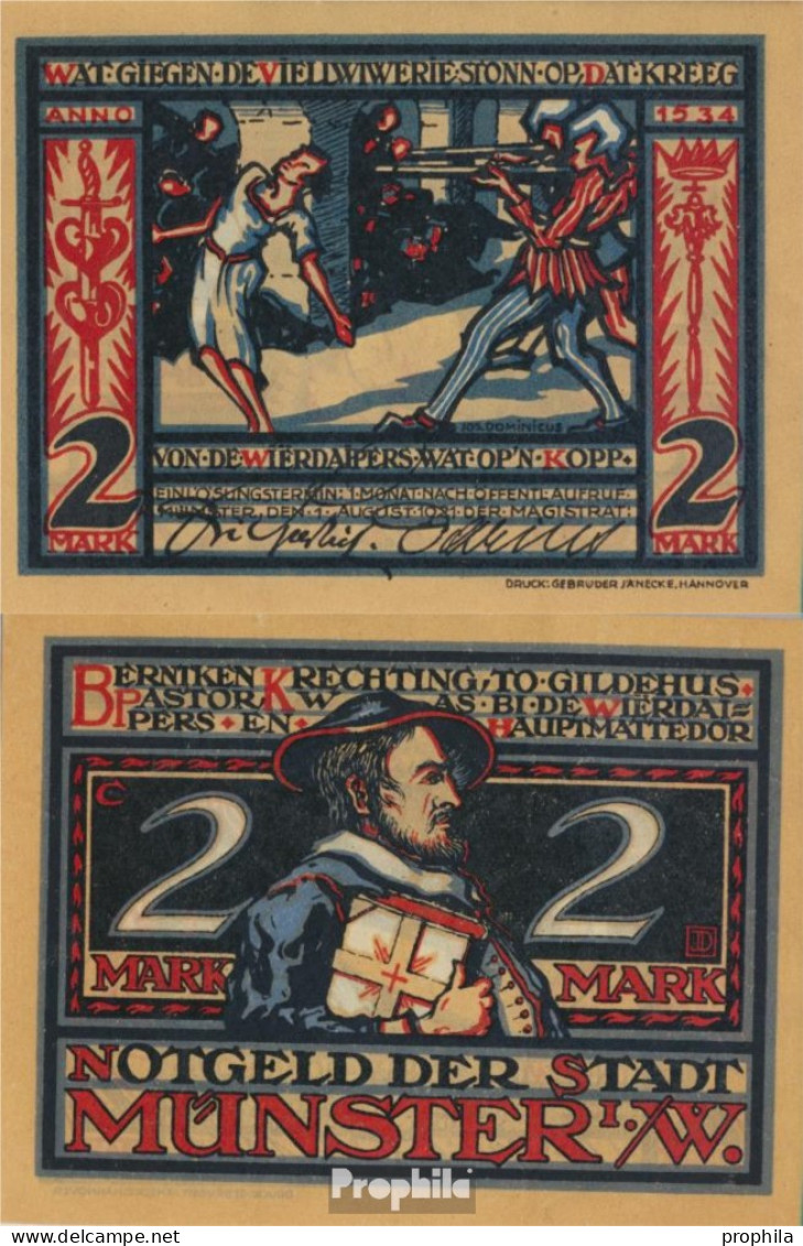 Münster Notgeld: 916.2 B) Notgeldschein Der Stadt Münster Bankfrisch 1921 2 Mark Münster 3. Anno 1534 - 2 Mark