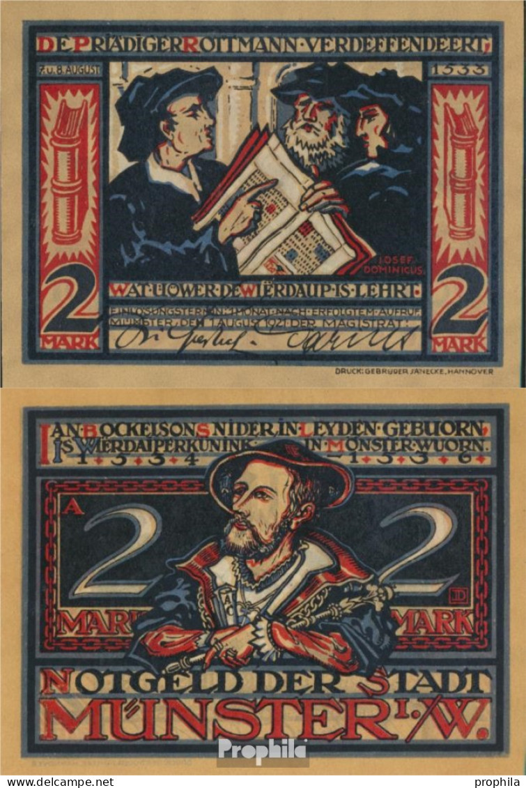 Münster Notgeld: 916.2 B) Notgeldschein Der Stadt Münster Bankfrisch 1921 2 Mark Münster 1. August 1533 - 2 Mark