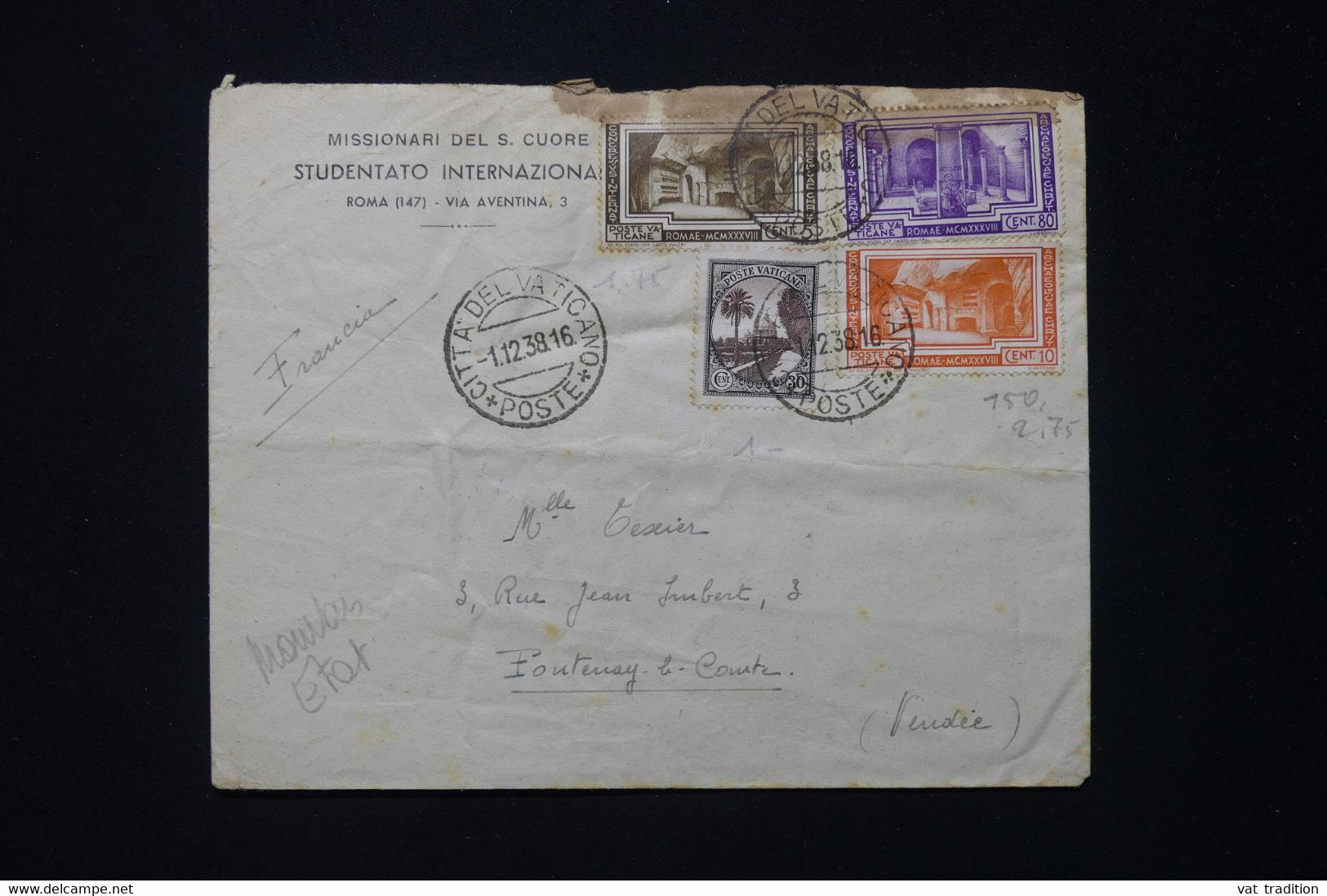 VATICAN - Enveloppe De Missionnaires (  Missionari Del Sacro Cuore ) Pour Le France En 1938 - L 80469 - Cartas & Documentos