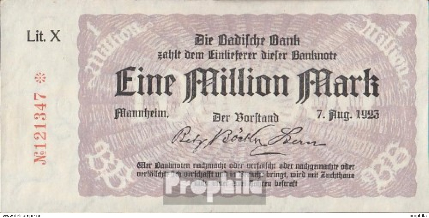 Baden Rosenbg: BAD11b Länderbanknote, KN 6-stellig Gebraucht (III) 1923 1 Mio. Mark - 1 Million Mark