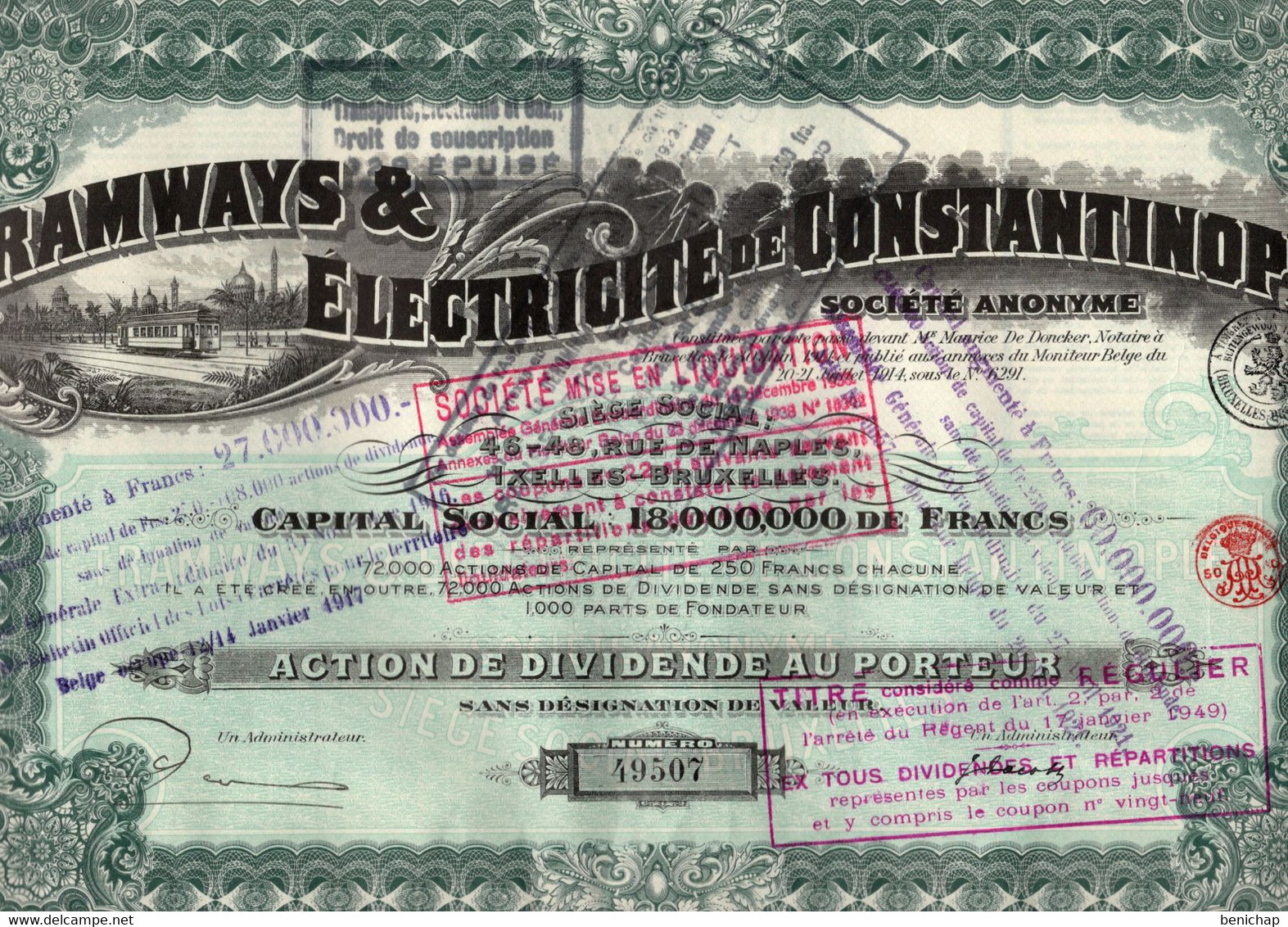 Action De Dividende Au Porteur - Tramways & Electricité De Constantinople S.A. - Ixelles 1914. - Electricity & Gas