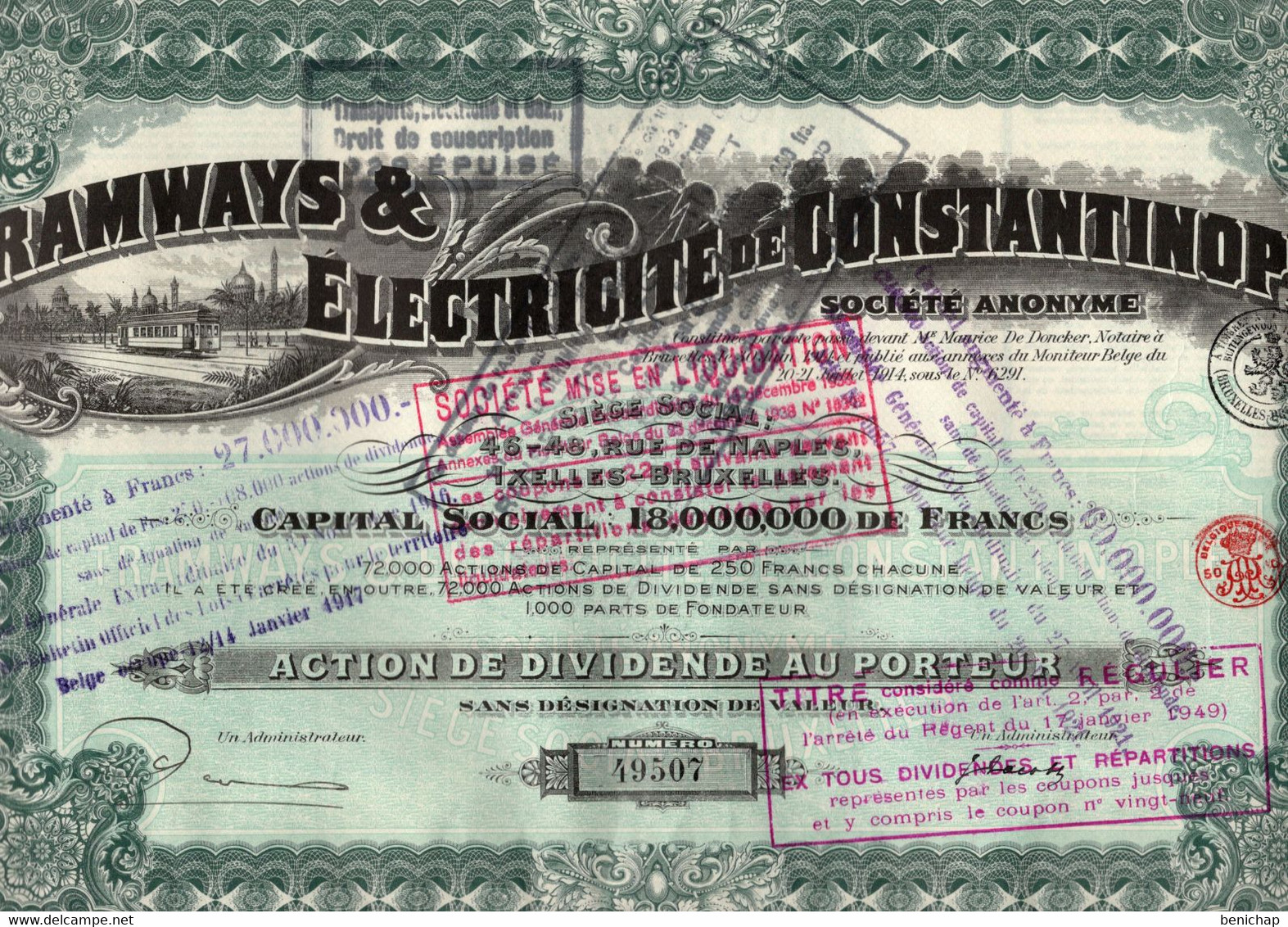 Action De Dividende Au Porteur - Tramways & Electricité De Constantinople S.A. - Ixelles 1914. - Electricité & Gaz