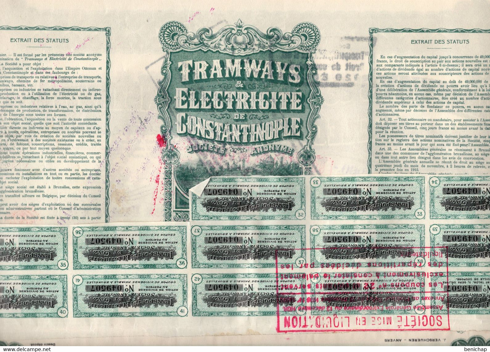 Action De Dividende Au Porteur - Tramways & Electricité De Constantinople S.A. - Ixelles 1914. - Electricité & Gaz