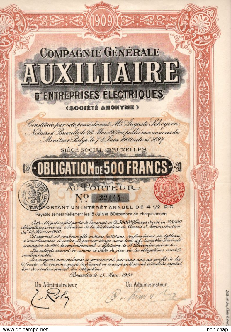 Obligation De 500 Frcs Au Porteur - Compagnie Générale Auxiliaire D'Entreprises Electriques S.A. - Bruxelles 1909. - Electricité & Gaz