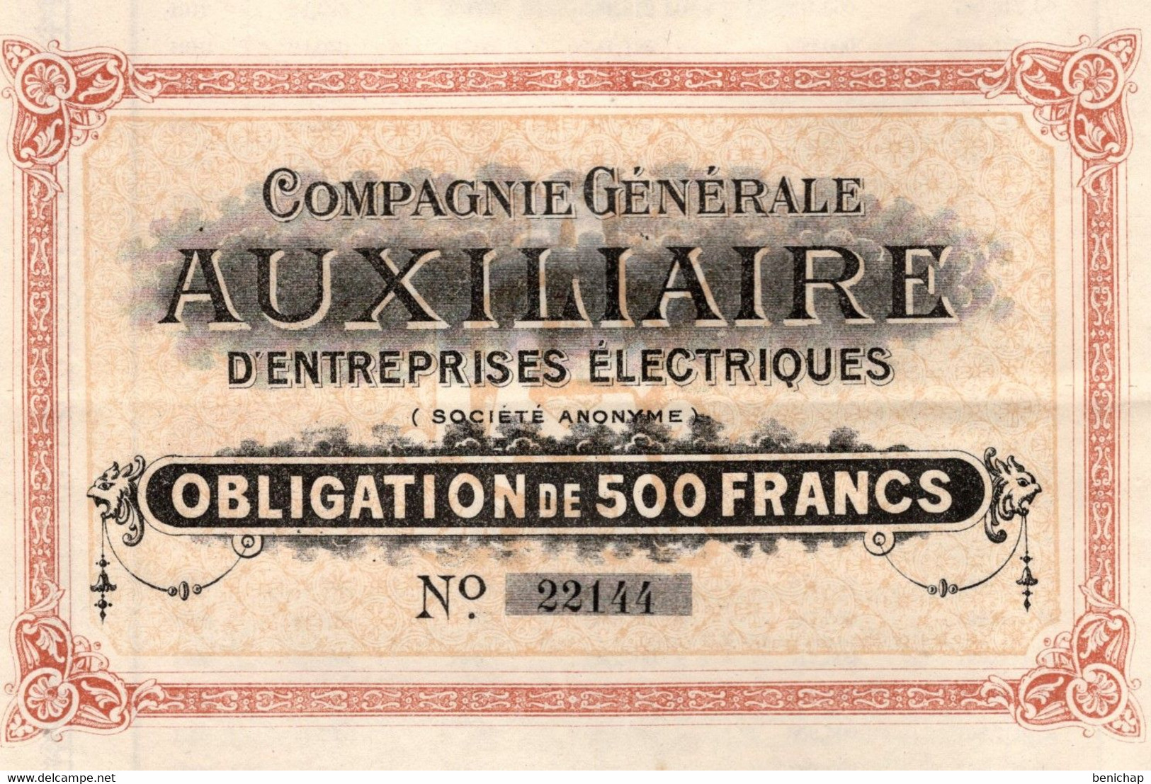 Obligation De 500 Frcs Au Porteur - Compagnie Générale Auxiliaire D'Entreprises Electriques S.A. - Bruxelles 1909. - Elektrizität & Gas