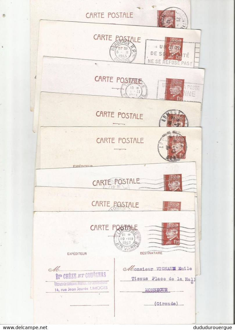 ENTIERS POSTAUX PETAIN 1,20 FR. 1 LOT DE 8 - Lots Et Collections : Entiers Et PAP