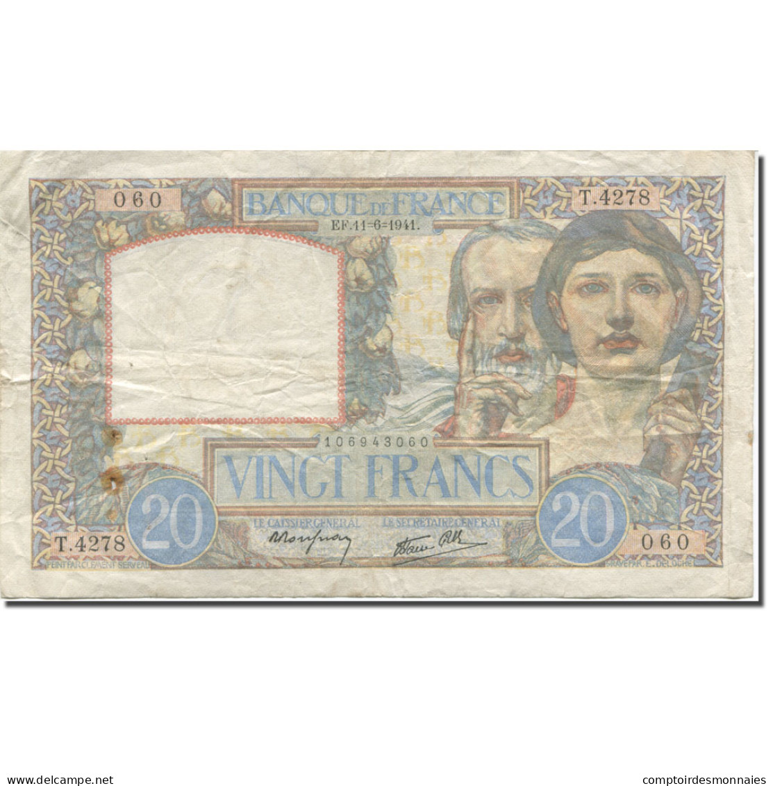 France, 20 Francs, Science Et Travail, 1941, 1941-06-11, TB, Fayette:12.15 - 20 F 1939-1942 ''Science Et Travail''