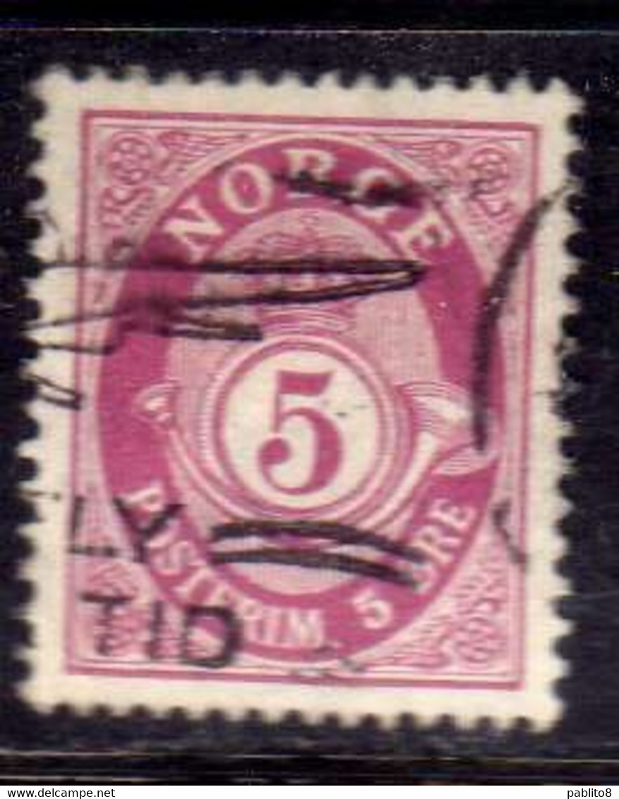 NORWAY NORGE NORVEGIA NORVEGE 1910 1929 1922 POST HORN CORNO POSTALE NUMERAL CIFRA 5o USATO USED OBLITERE' - Andere & Zonder Classificatie