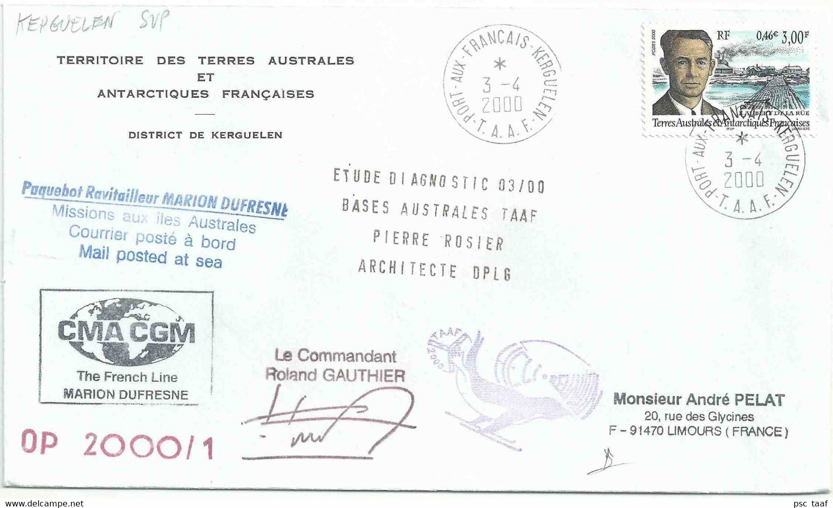 YT 276 - Edgar Aubert De La Rüe - Géologue - Posté à Bord Du MD - Port Aux Français - Kerguelen - 03/04/2000 - Covers & Documents