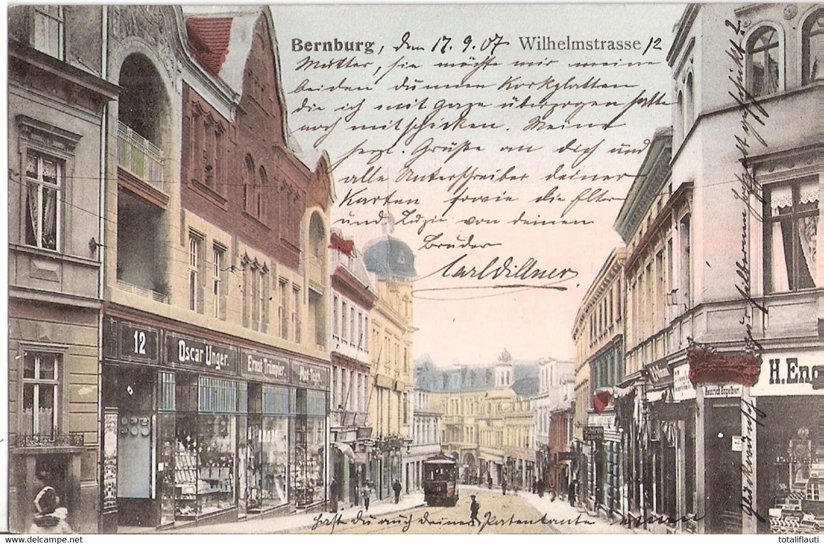 BERNBURG Saale Wilhelmstraße Color Straßenbahn Tram Geschäfte TOP-Erhaltung 17.9.1907 Gelaufen - Bernburg (Saale)