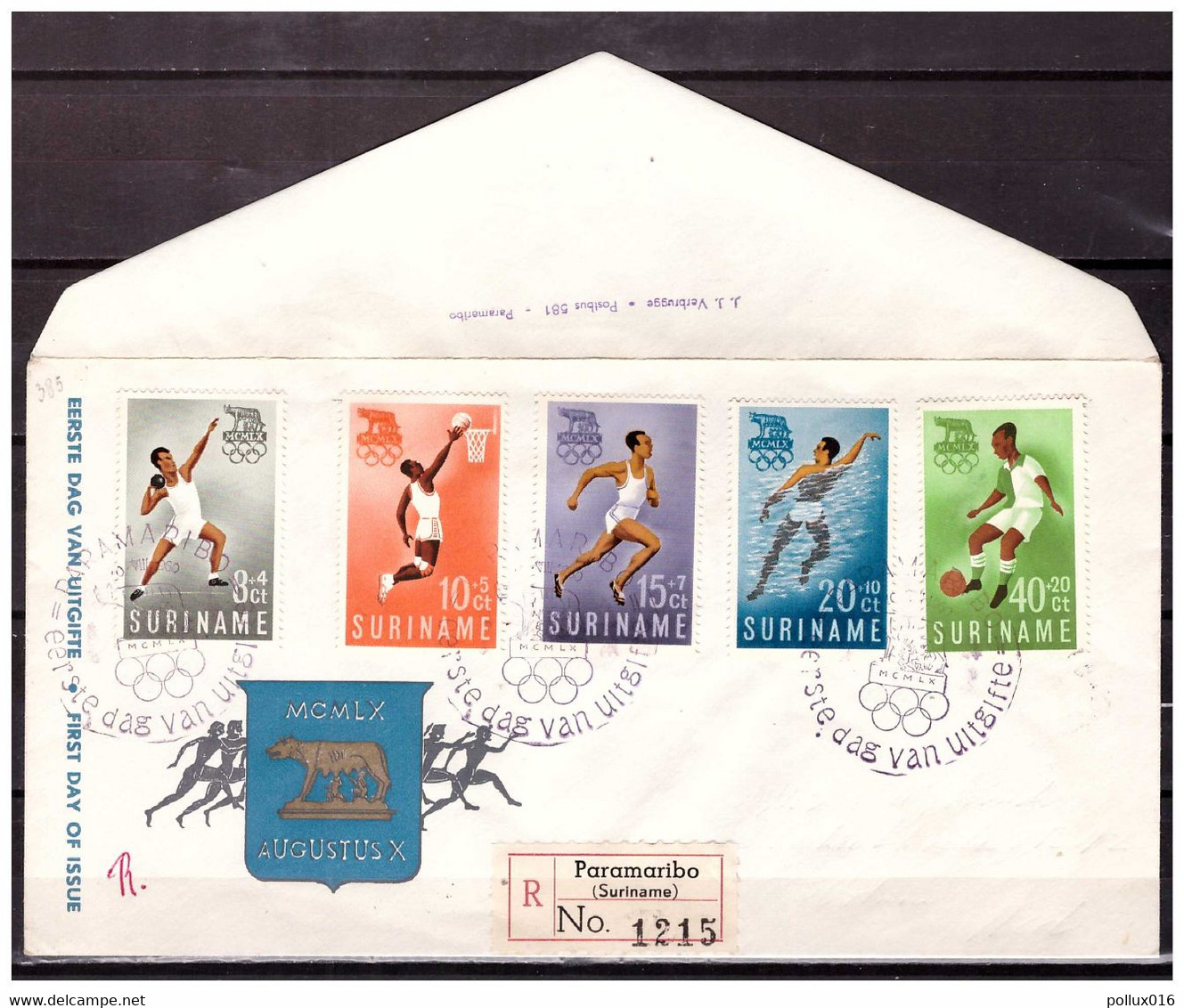 Surinam / Suriname 1960 FDC 16-1M Olympic Rome Soccer Swimming Basketball Running Put The Weight - Surinam ... - 1975