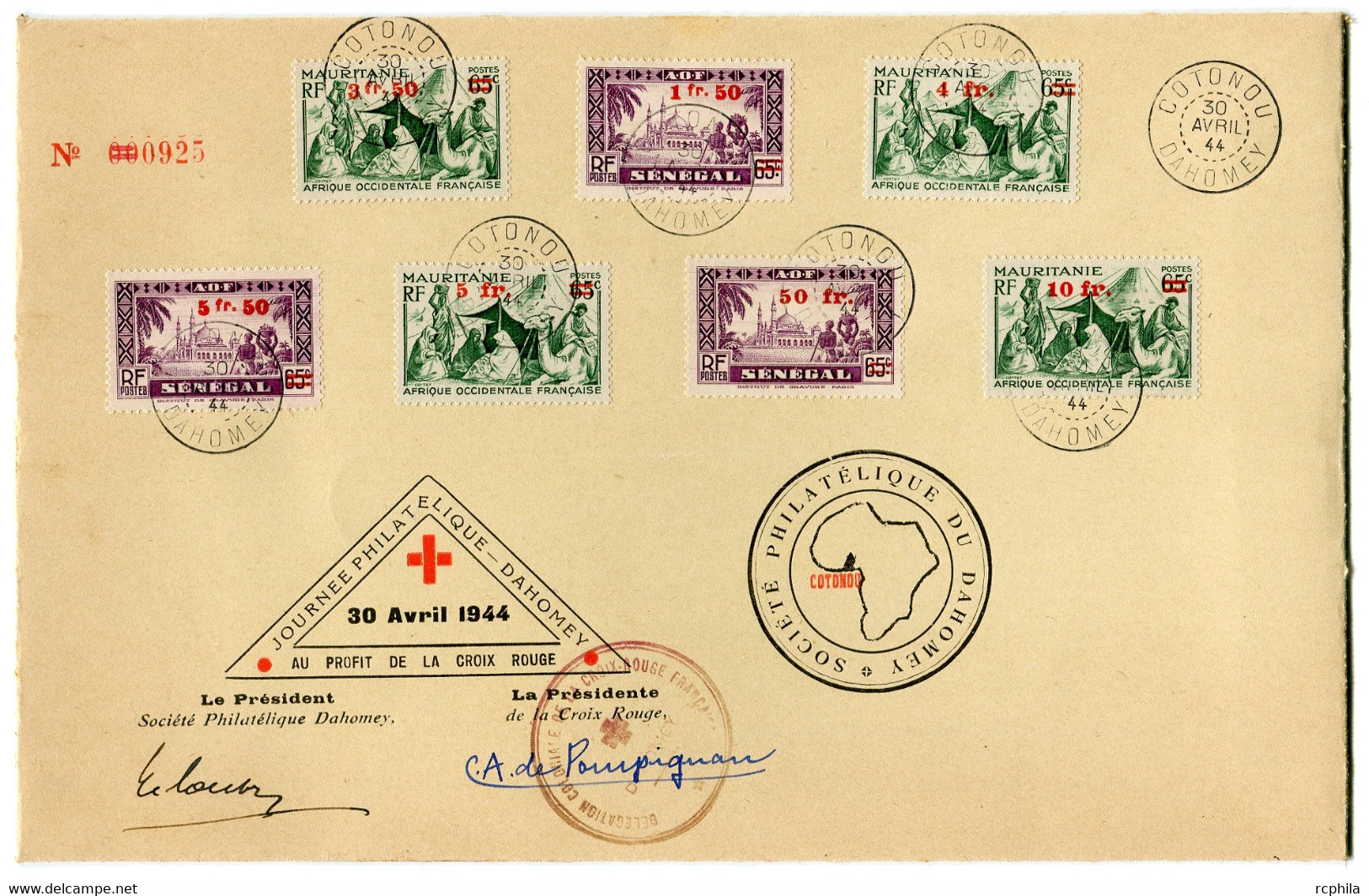 RC 19544 DAHOMEY 1944 JOURNÉE PHILATELIQUE AU PROFIT DE LA CROIX ROUGE ENVELOPPE N° 925 - Used Stamps