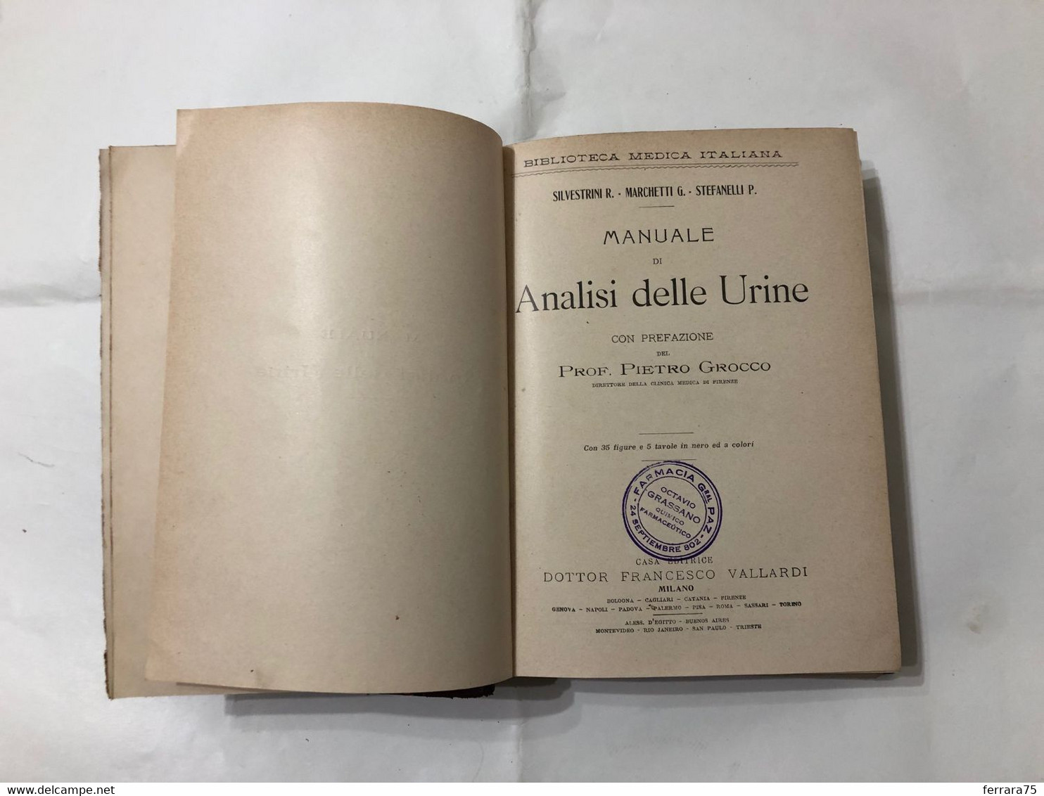 PROF.PIETRO GROCCO MANUALE DI ANALISI DELLE URINE 1908 PAG.274.ED.VALLARDI. - Libri Antichi