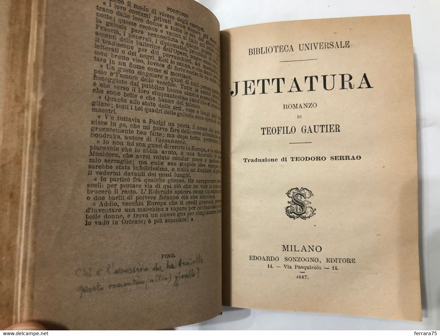 BIBLIOTECA UNIVERSALE ROMANZI FRANCESI 1885 FORTUNIO JETTATURA TEOFILO GAUTIER