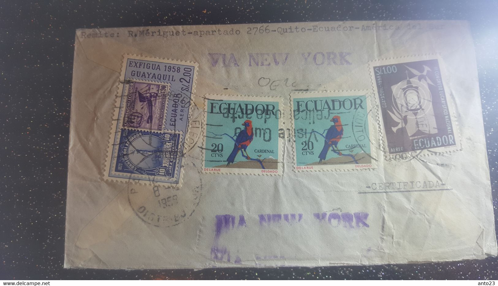 Sobre De Ecuador / LETTRE VIA NEW YORK POUR LA FRANCE EN RECOMMANDE 1959 EQUATEUR - 1941-60