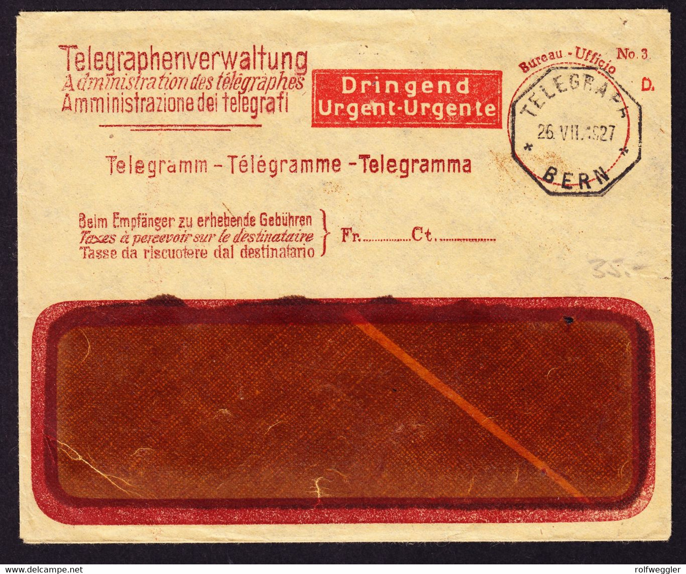 1927 Telegramm Couvert, Dringend Gestempelt Bern. Rechts Kleiner Einriss - Telégrafo