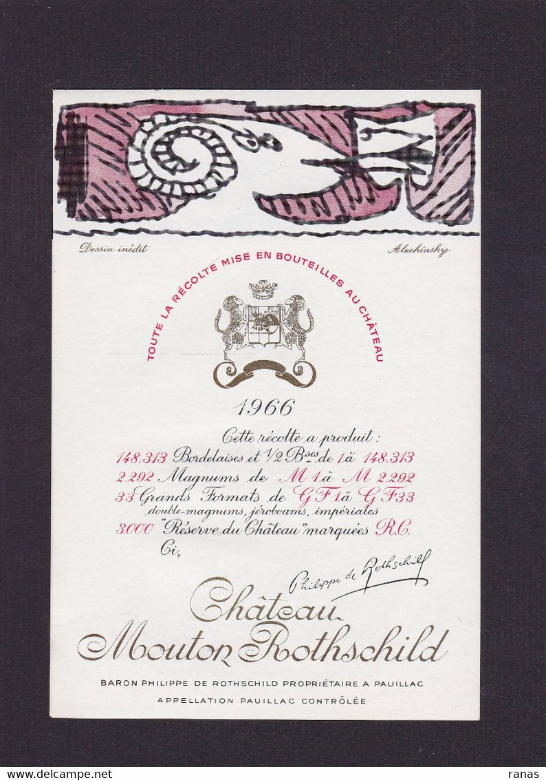 Publicité étiquette Publicitaire Réclame Vin Alcool Château Mouton Rothschild Par Alechinsky - Publicités