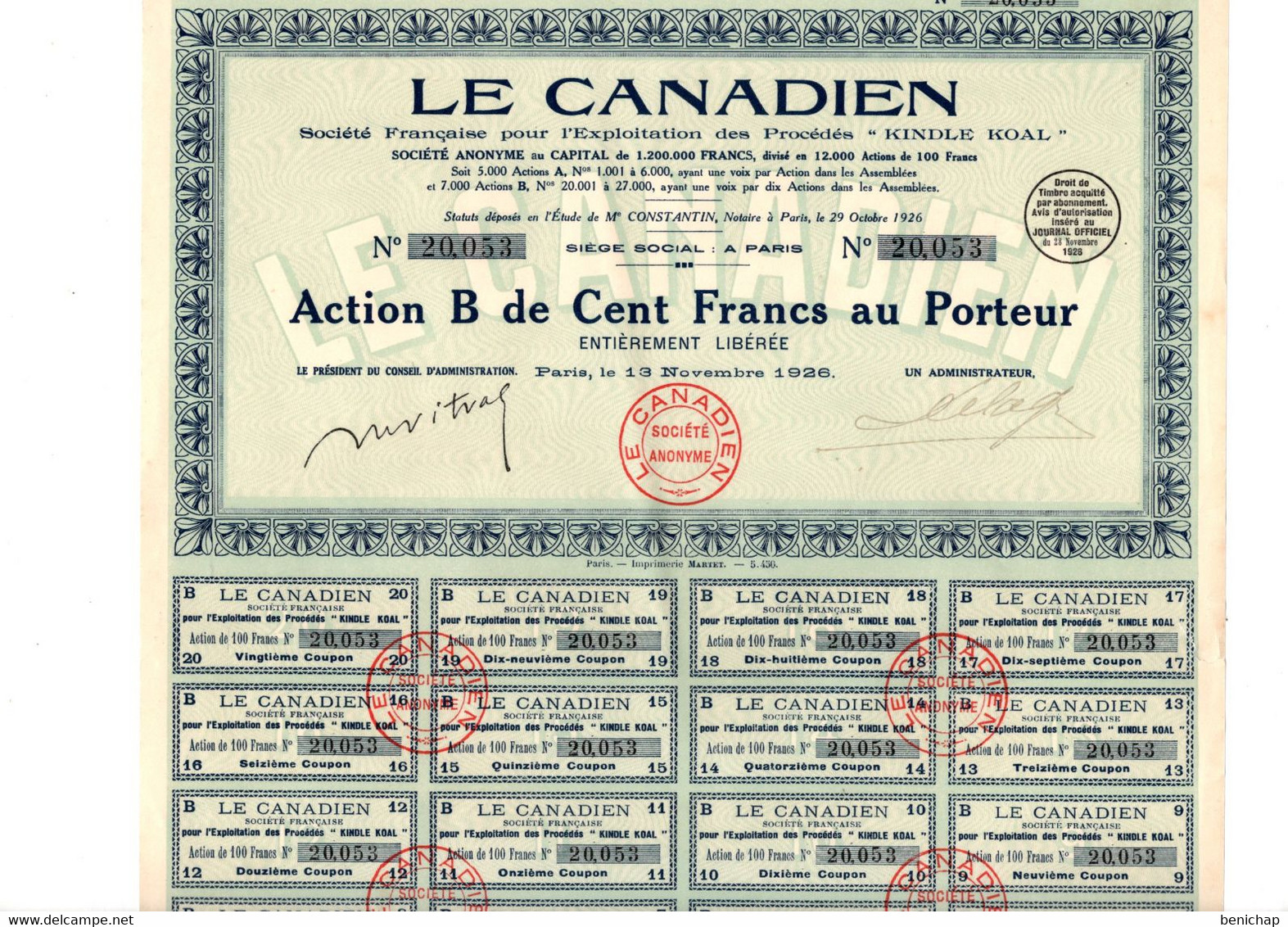 Action B DE 100 Frcs Au Porteur - Le Canadien - Société Française - Exploitation De Procédés Kindle Koal - Paris 1926. - Industry