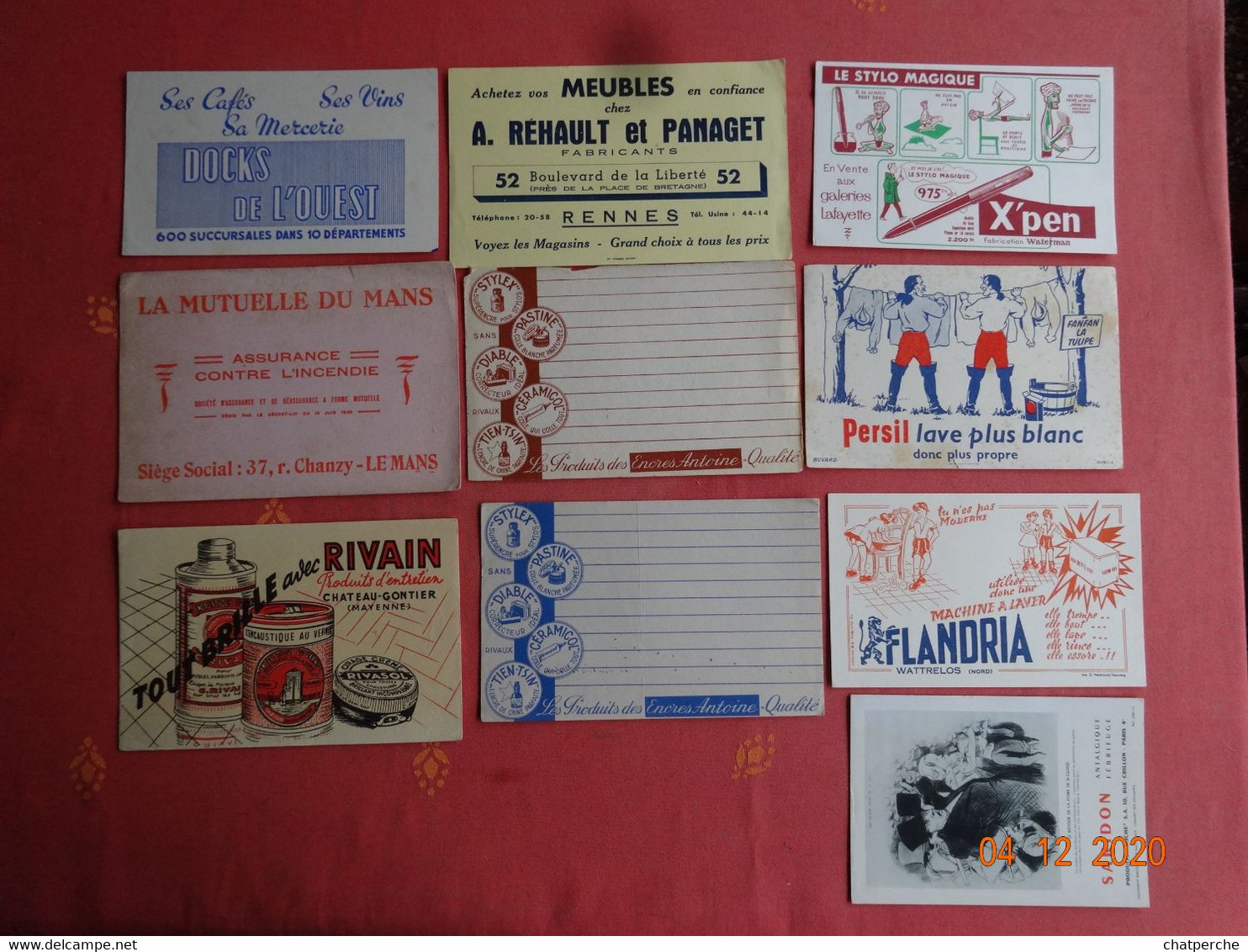 LOT 10 BUVARDS BLOTTING PAPER X'PEN SARIDON PERSIL FLANDRIA ANTOINE MEUBLES RENNES  DOCKS OUEST MUTUELLE DU MANS RIVAIN - Collections, Lots & Séries