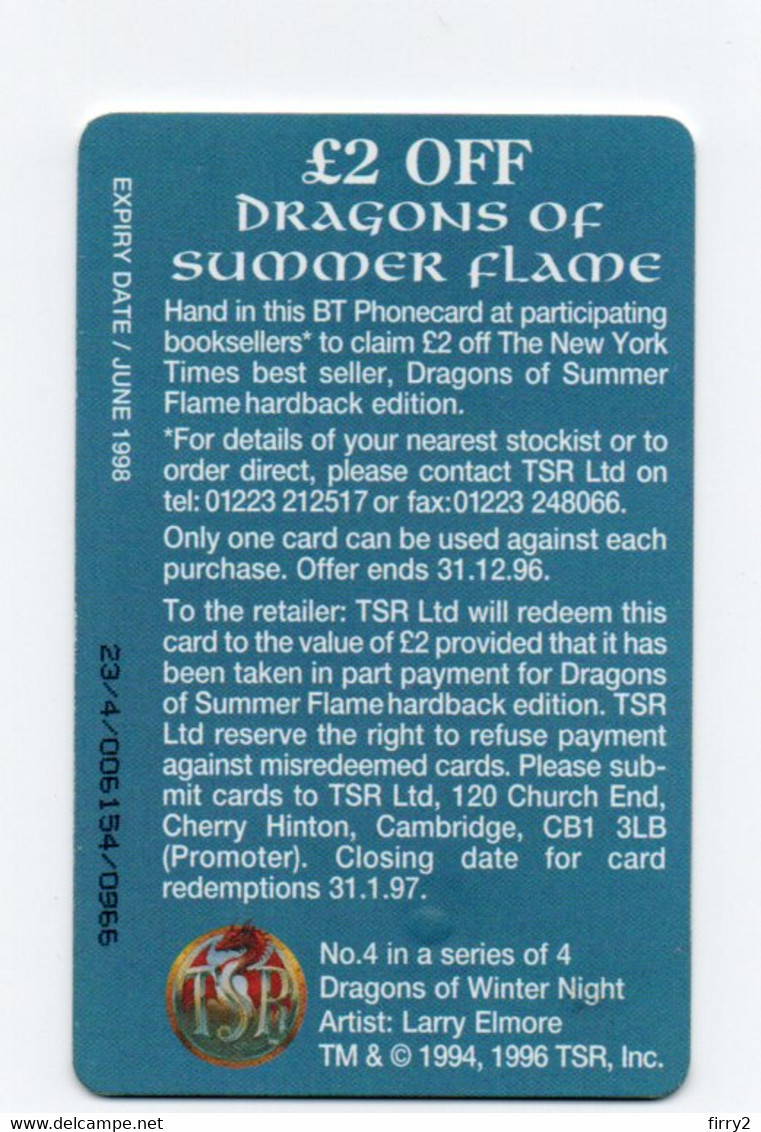 1996 BT £2 Dragons Of Summer Flame Phone Card - Autres & Non Classés