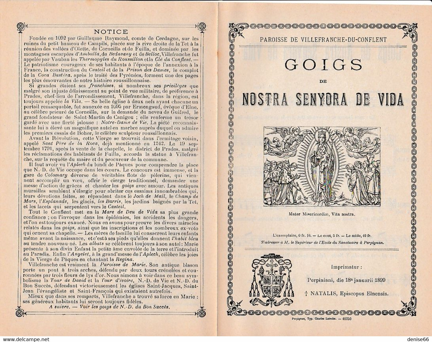 1899 GOIGS De NOSTRA SENYORA DE VIDA - Chant Religieux Catalan Avec Paroles Et Musique - Villefranche De Conflent - Documentos Históricos