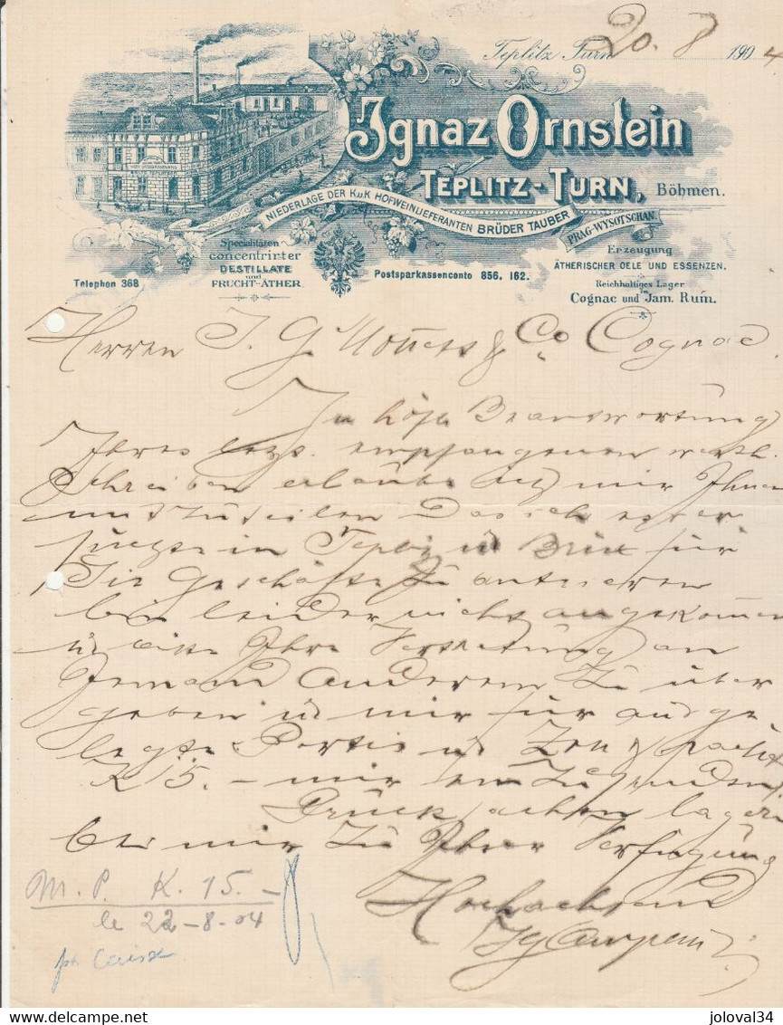 Lettre Illustrée 20/8/1904 IGNAZ ORNSTEIN Destillate Distillerie TEPLITZ TURN Böhmen - Tchéquie - Sonstige & Ohne Zuordnung
