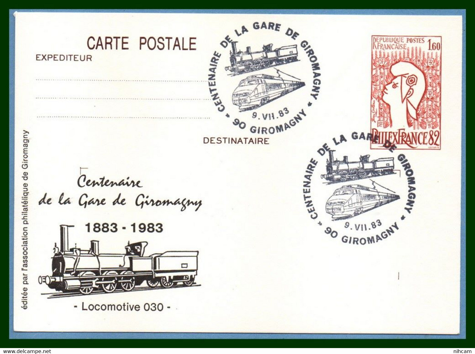 Entier Cp Repiqué GIROMAGNY 1983 BT Bureau Temporaire Centenaire Gare TB Train  France - Trains