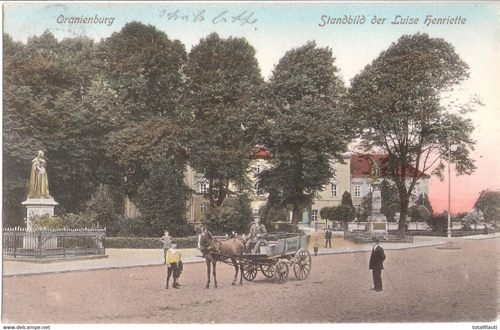 ORANIENBURG Denkmal Luise Henriette Pferde Einspänner Lieferwagen Aufschrift Butter & Wein Handlung Color Gelaufen 1907 - Oranienburg