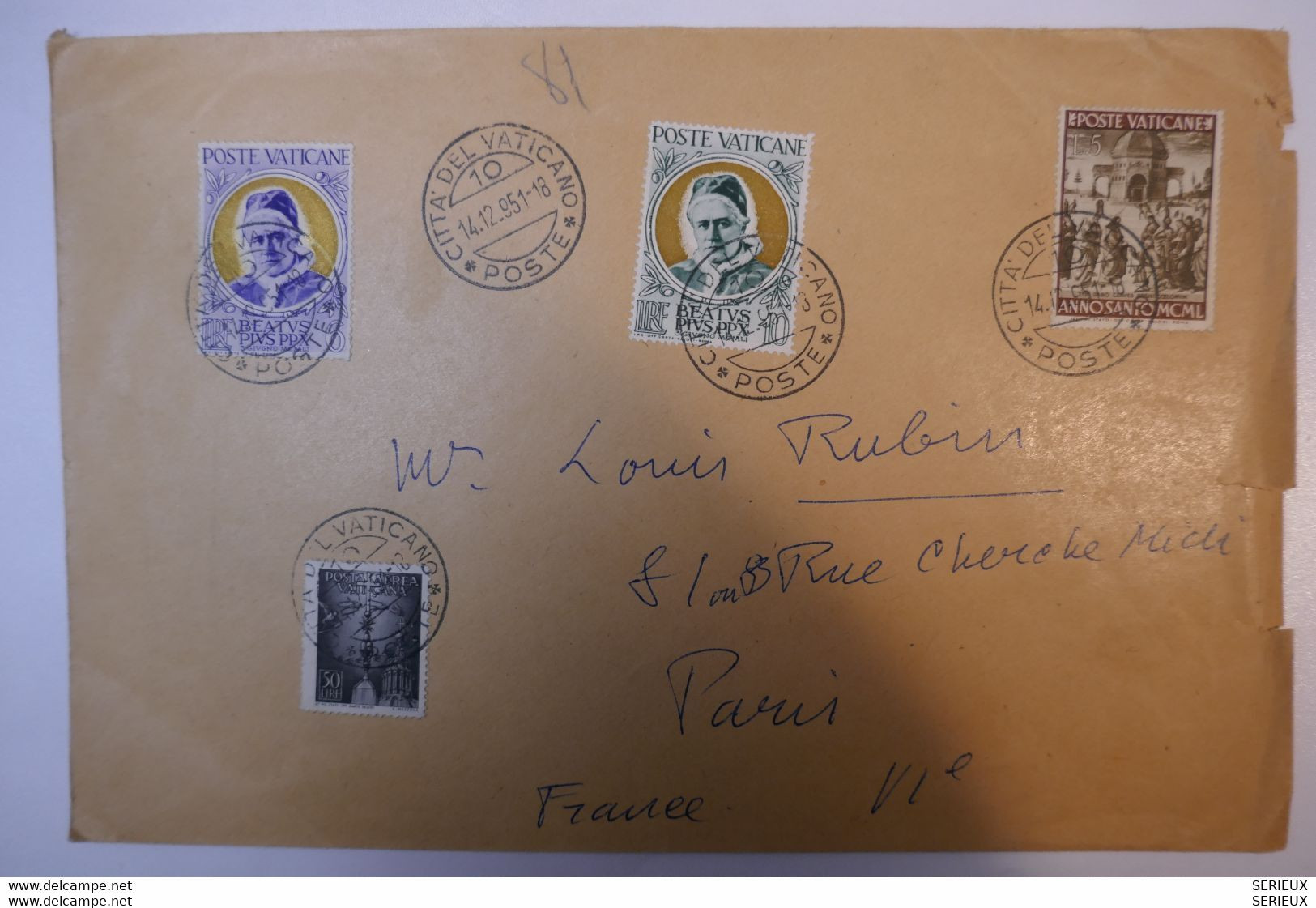 G1 VATICAN BELLE LETTRE 1951 ROME POUR PARIS R DU CHERCHE MIDI + AFFRANCHISSEMENT PLAISANT - Cartas & Documentos