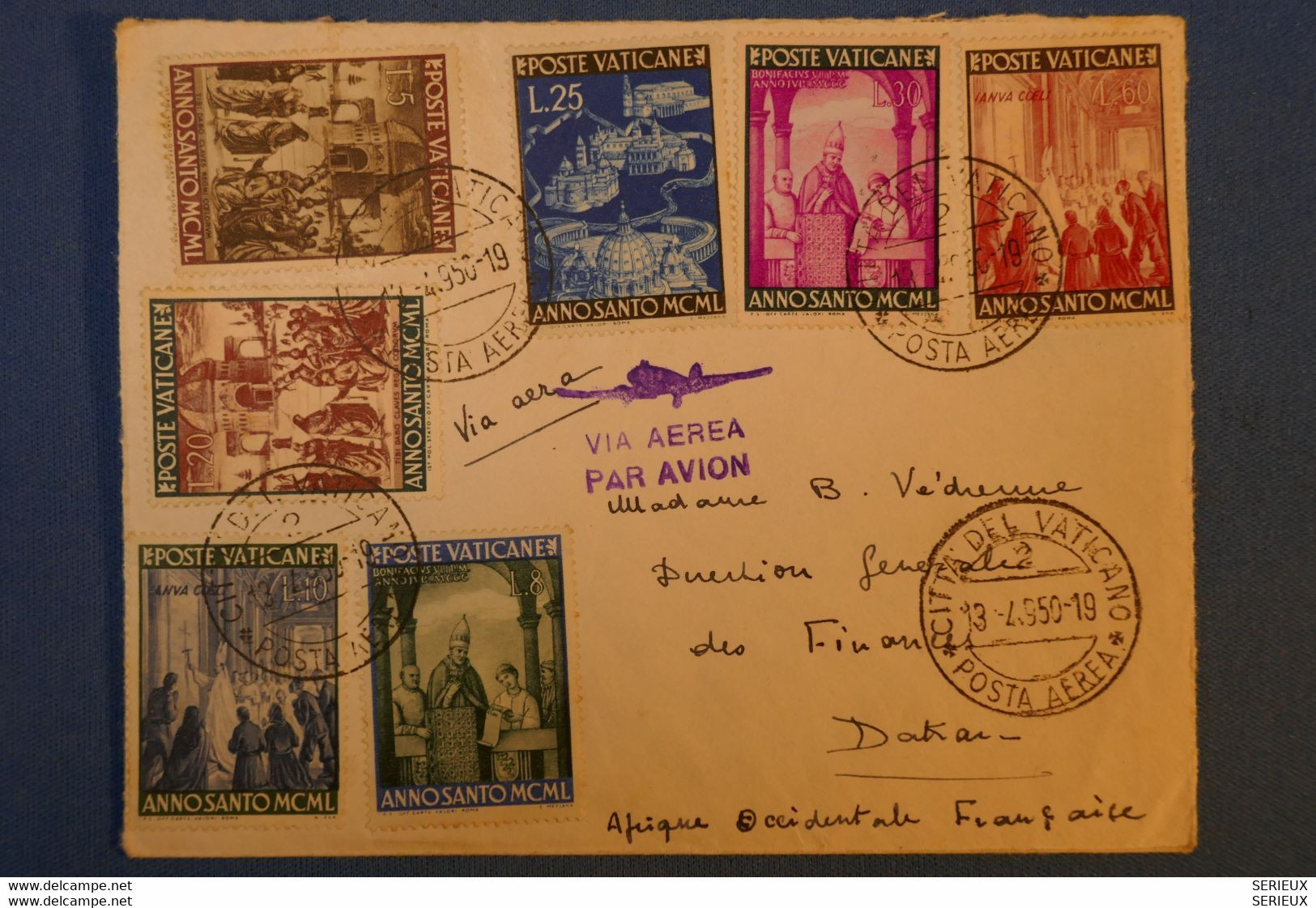 G1 VATICAN BELLE LETTRE RARE 1950 PAR AVION ROMA POUR DAKAR +T P AU VERSO AFFRANCHISSEMENT PLAISANT - Storia Postale